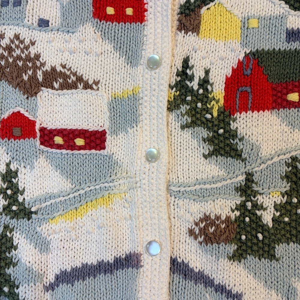 Vintage Winter Town Orvis 3D Cardigan 90s Embroidered Snow Ski Village Sweater L - Picture 2 of 7